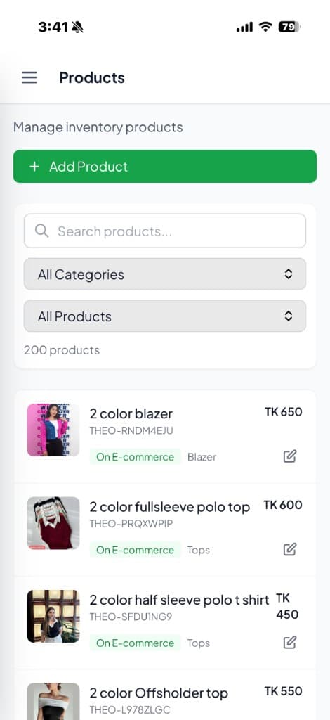 THEO Clothing admin app — Products